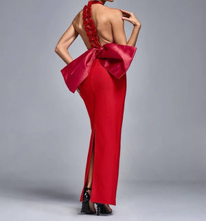 Red Backless Dress with Large Bow and Slim Fit