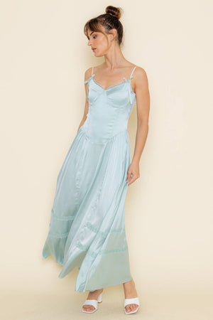 Mint Satin Lace Trim Midi Dress