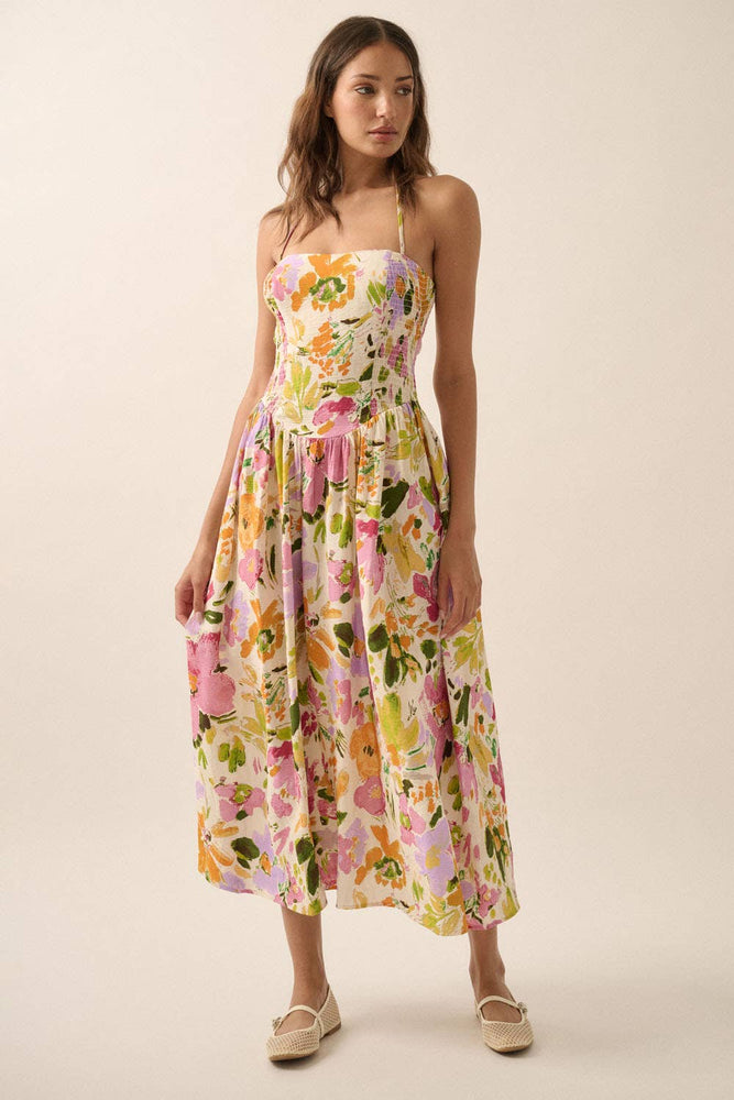 Textured Floral Smocked Halter Midi Dress