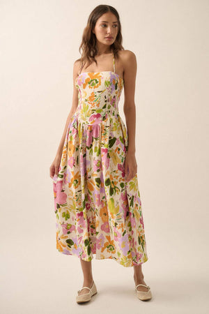 Textured Floral Smocked Halter Midi Dress