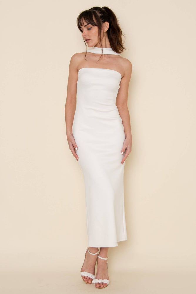 White Halter Neck Midi Dress