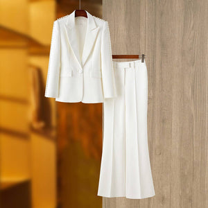 Elegant Pearl-Edged Suit & Flared Pants Set