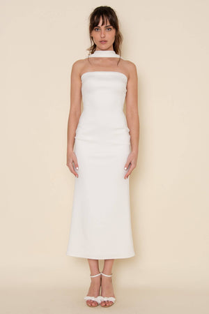 White Halter Neck Midi Dress