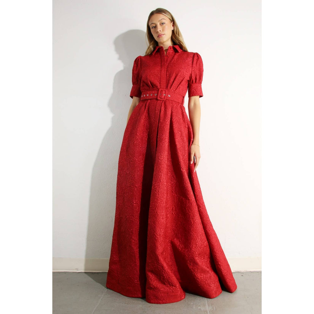 Rose Embossed Belted Maxi Dress