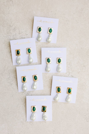 St Armands Designs of Sarasota - Vintage Square Malachite and Natural Pearl Drop Earrings