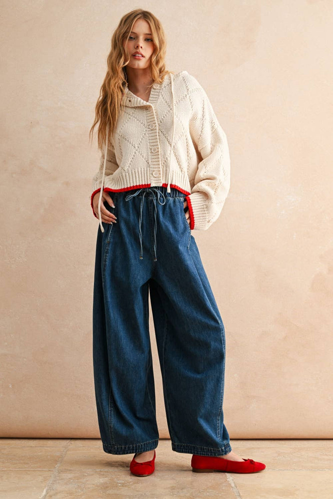 Loose Barrel Elastic Band Denim Pants