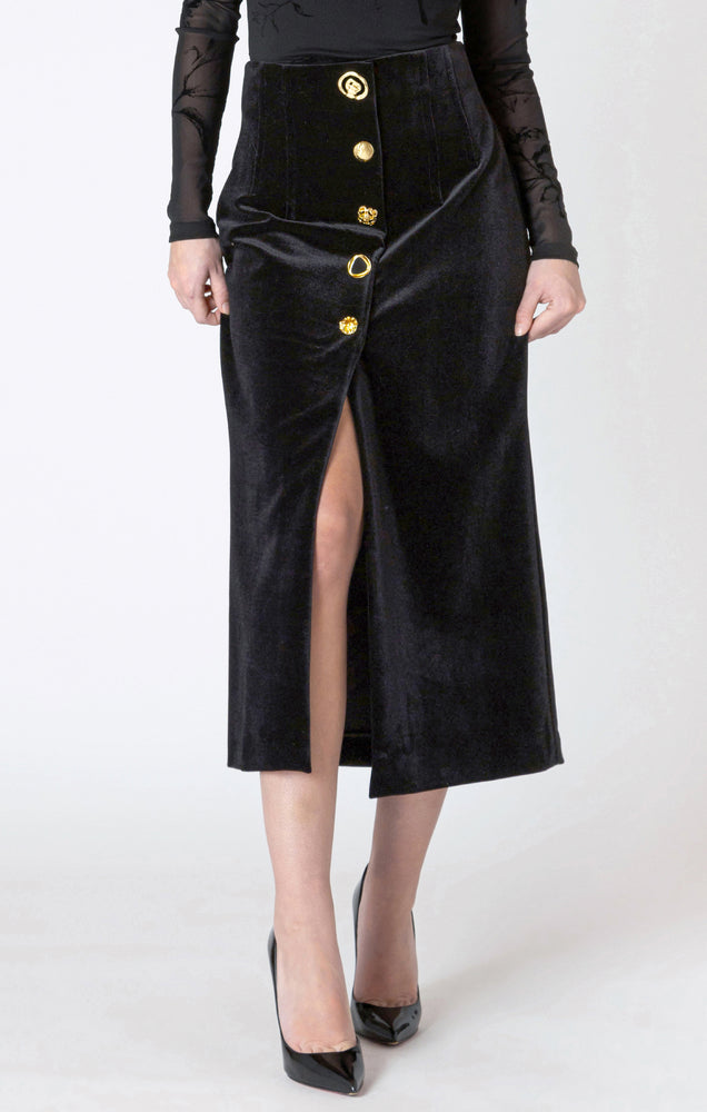 Buttoned Black Velvet Midi Skirt
