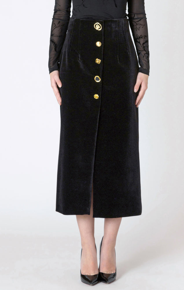 Buttoned Black Velvet Midi Skirt