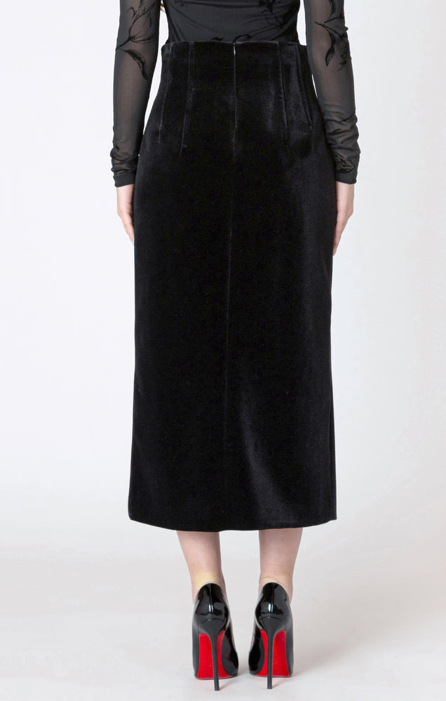 Buttoned Black Velvet Midi Skirt