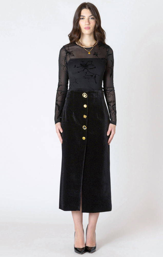 Buttoned Black Velvet Midi Skirt