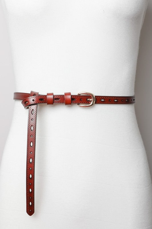 Scallop Skinny Leather Belt- Brown