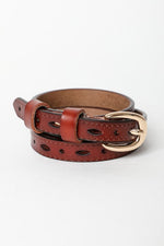Scallop Skinny Leather Belt- Brown