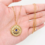 Embossed Blue Evil Eye Charm Pendant Golden Necklace