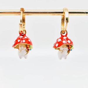 3D Enamel Cute Mushroom Huggie Hoop Earrings