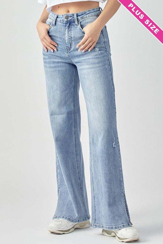 Blue B Women's Blowing Your Mind Slit-Front Wide Leg Rhinestone Jeans in Light Wash - Size L