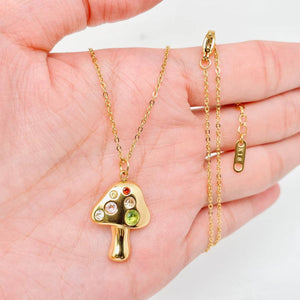 Gold Plated Mushroom Cubic Zirconia Stainless Steel Necklace