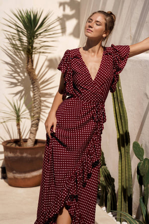 Carmen Maxi Dress - Berry Polka Dot