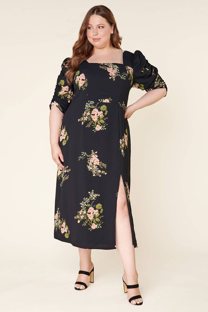 Jasleen Floral Ruched Sleeves Midi Dress