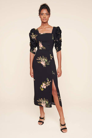 Jasleen Floral Ruched Sleeves Midi Dress