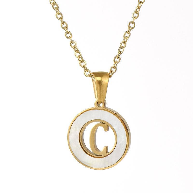 Circular Hollow Shell Initial Pendant Necklace: C