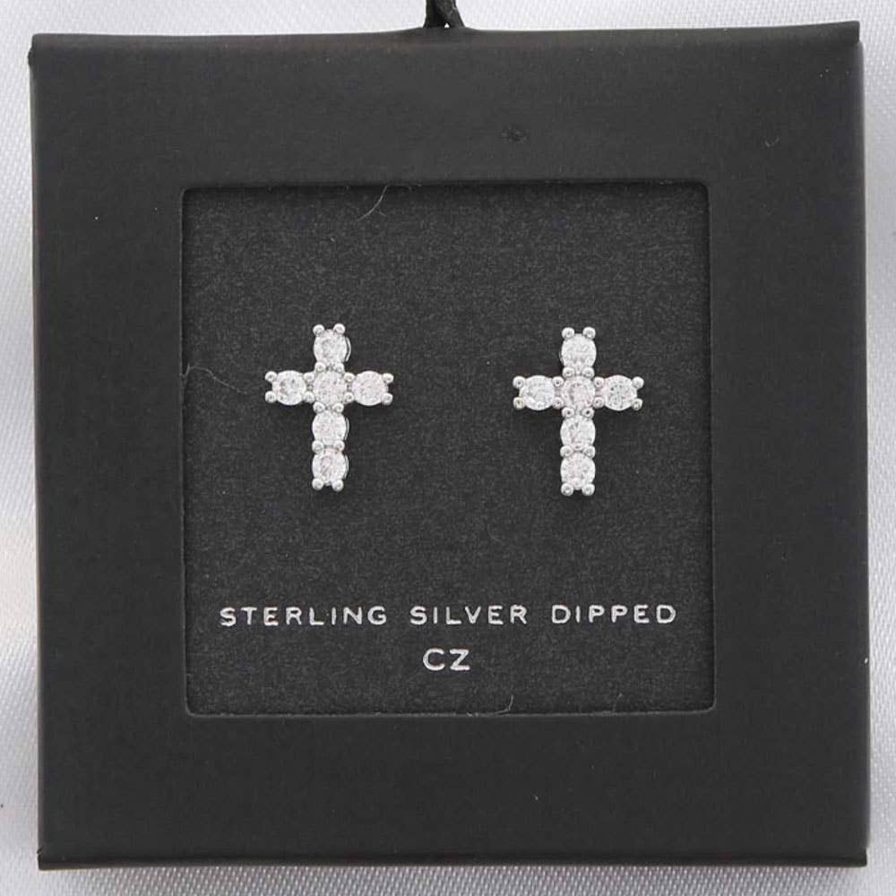 CZ Cross 14K Gold Dipped Stud Earring: White gold