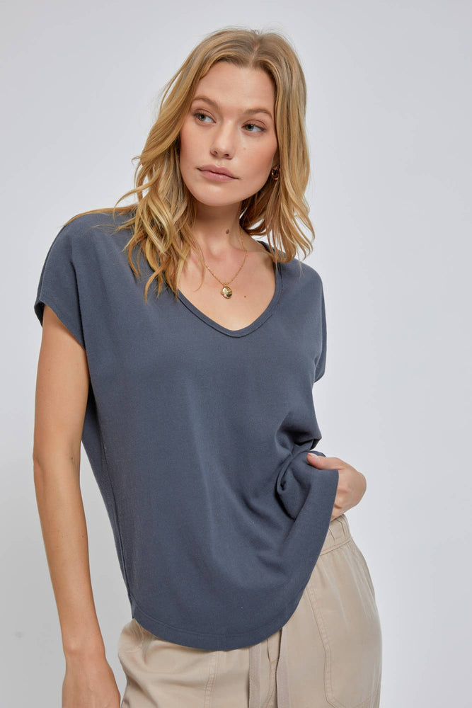 Charcoal Basic Garment Washed V-Neck Tee