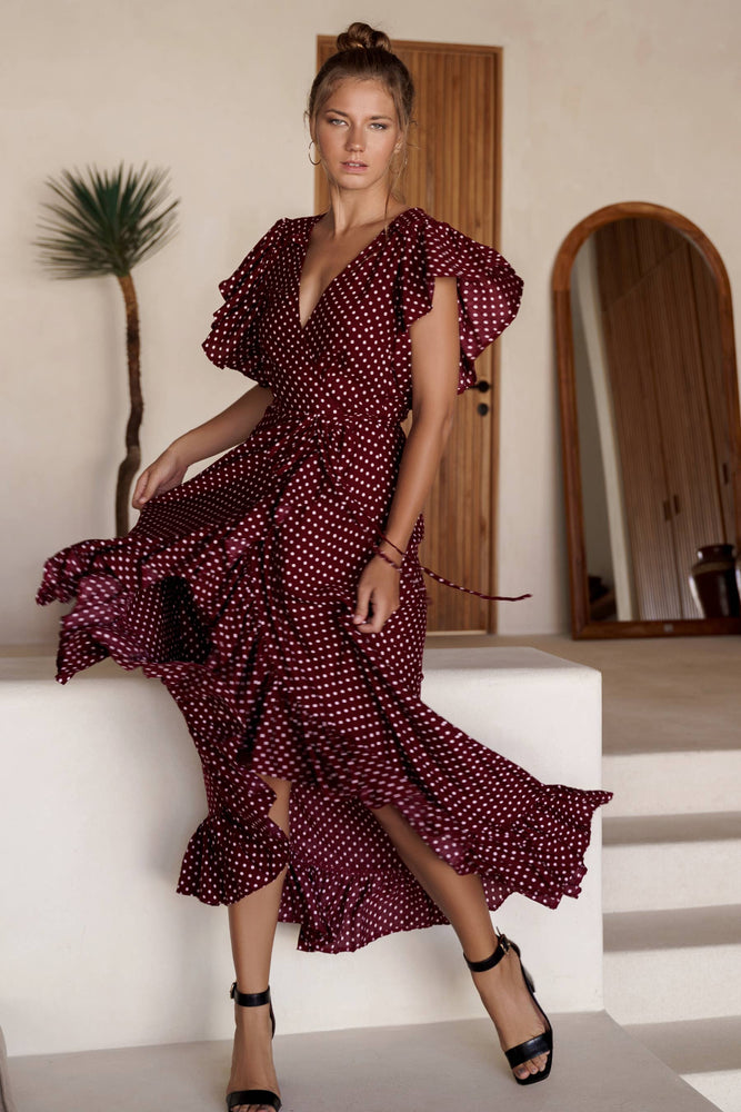 Carmen Maxi Dress - Berry Polka Dot