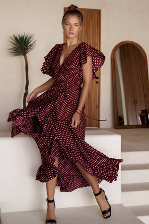 Carmen Maxi Dress - Berry Polka Dot