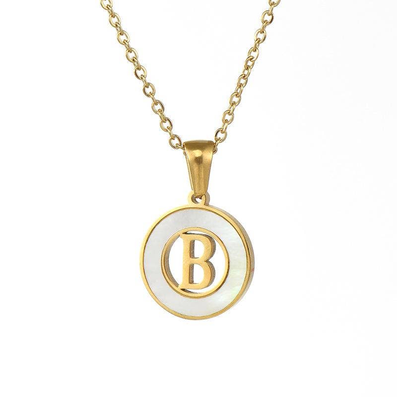 Circular Hollow Shell Initial Pendant Necklace: B