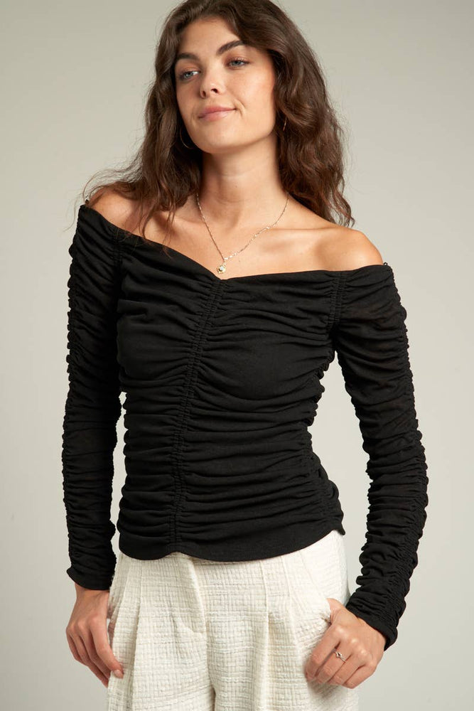 Black ruched off top the shoulder top