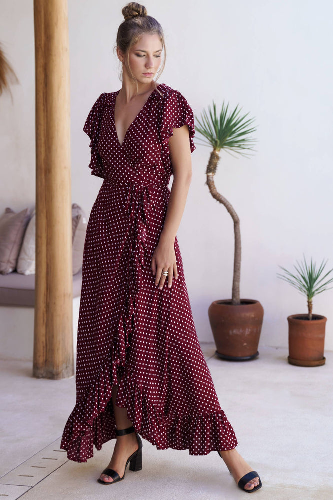 Carmen Maxi Dress - Berry Polka Dot