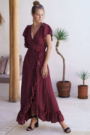 Carmen Maxi Dress - Berry Polka Dot