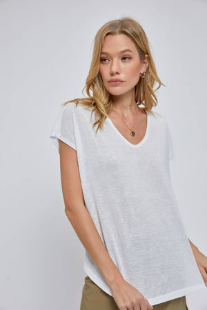 White Basic Garment Washed V-Neck Tee