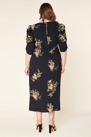 Jasleen Floral Ruched Sleeves Midi Dress