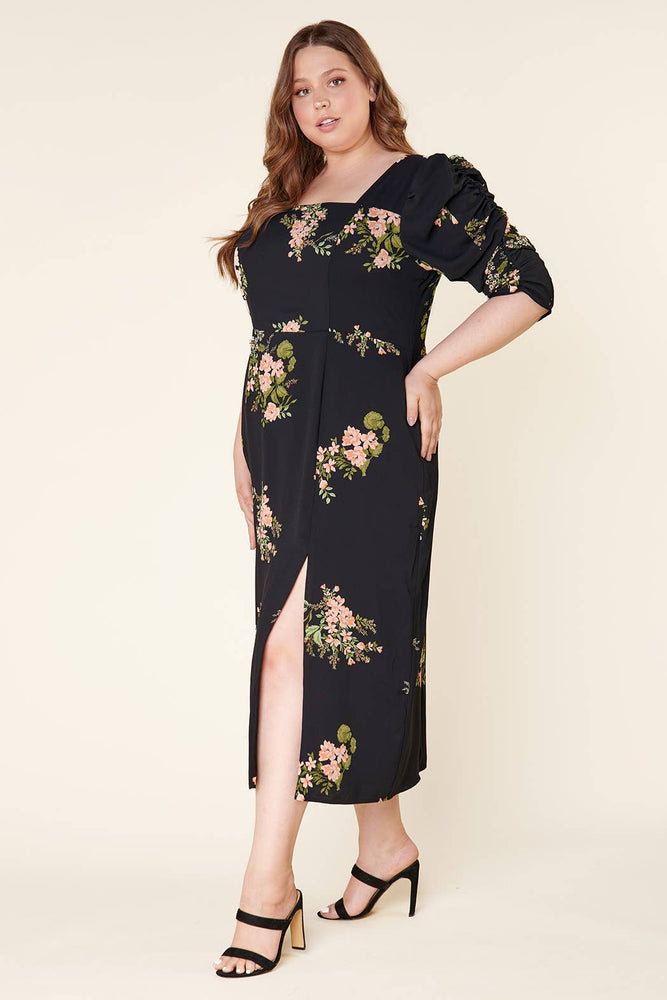 Jasleen Floral Ruched Sleeves Midi Dress