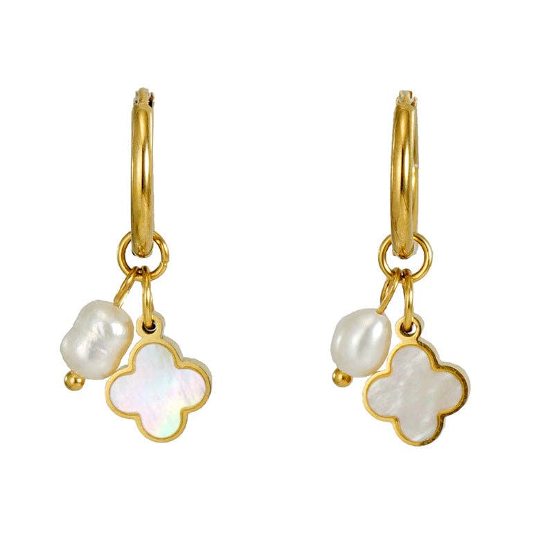 18K Gold-plated Stainless Steel Earrings Pearl Shell Pendant: Clover