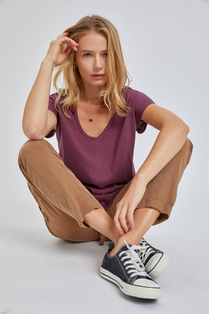 Merlot Basic Garment Washed V-Neck Tee