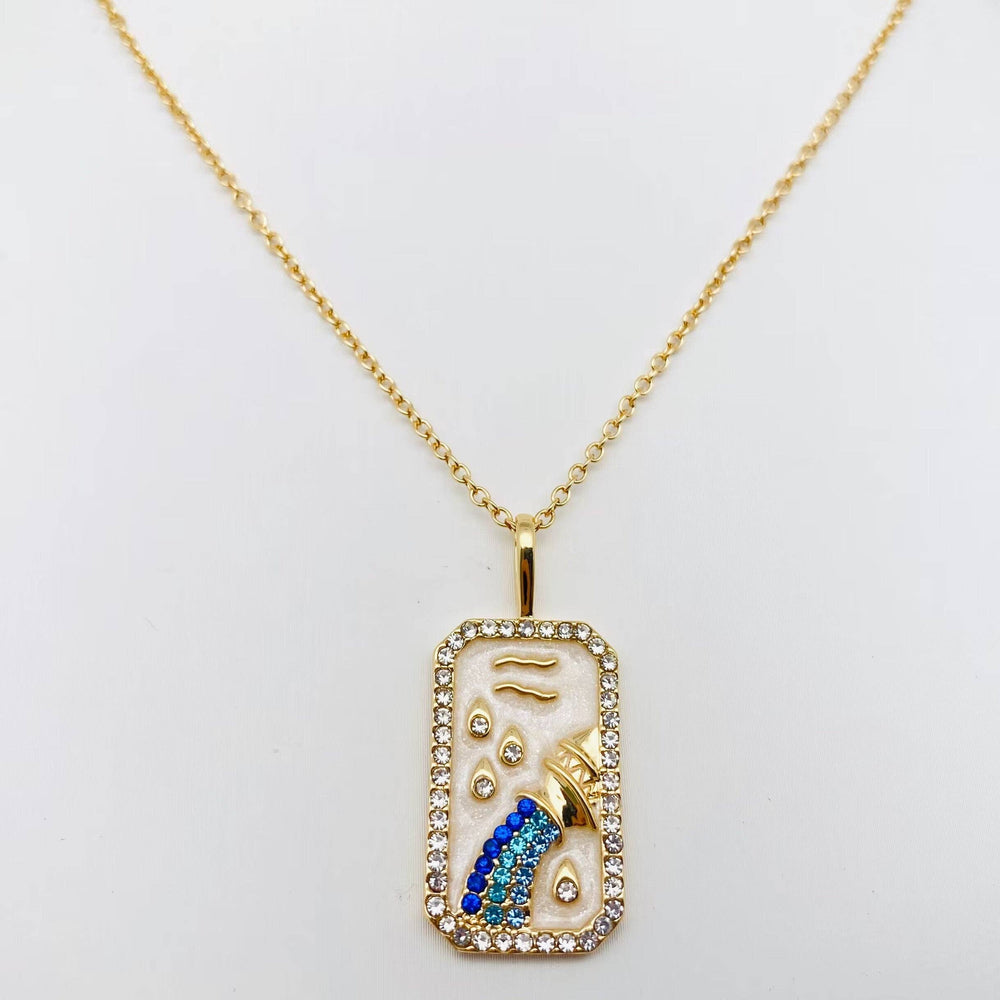 Enamel 12 Constellation Inlaid Cubic Zirconia Necklace: Aquarius